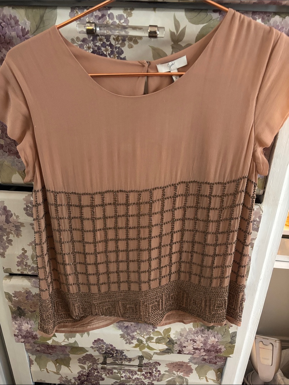 Joie Blush Beaded Grid Short Sleeve Blouse